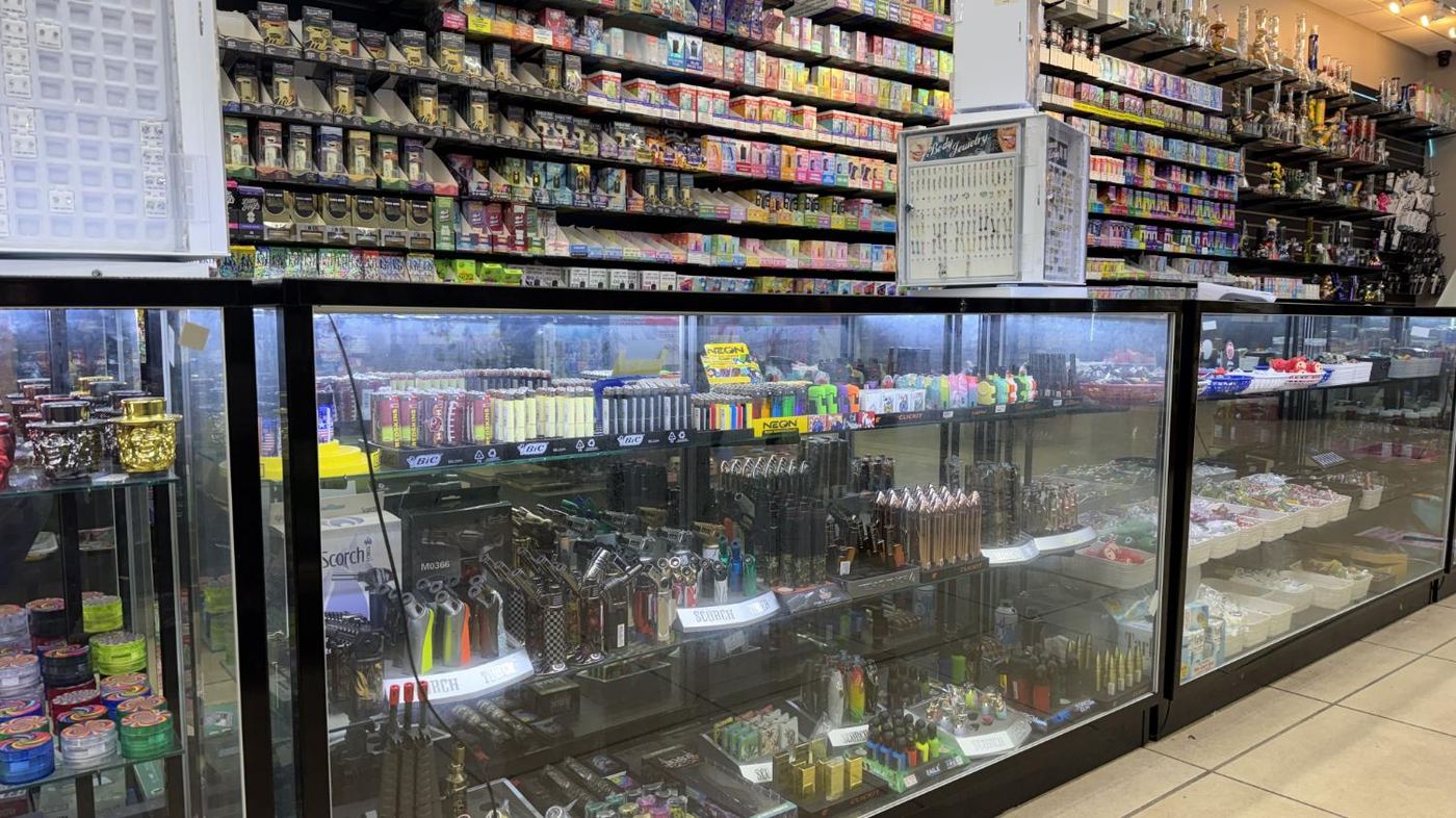Lighters and glass cases full of products